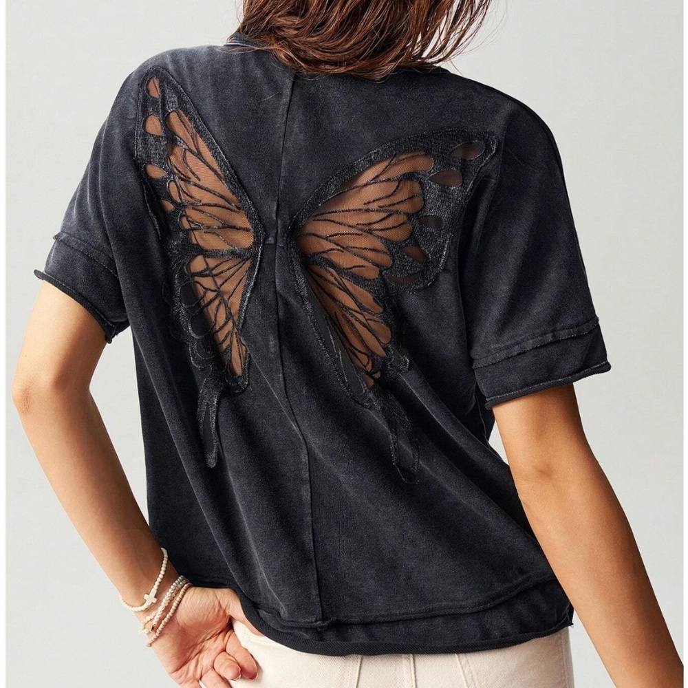 Cotton Grey Butterfly Mesh Sheer Back Insert Tee Shirt